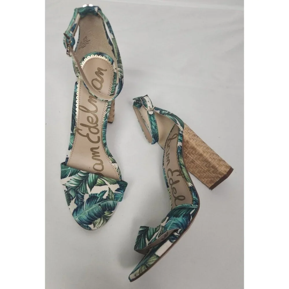 Sam Edelman Women's Sz. 7.5 Yaro Jade Palm Print Ankle Strap Sandals - Picture 1 of 8